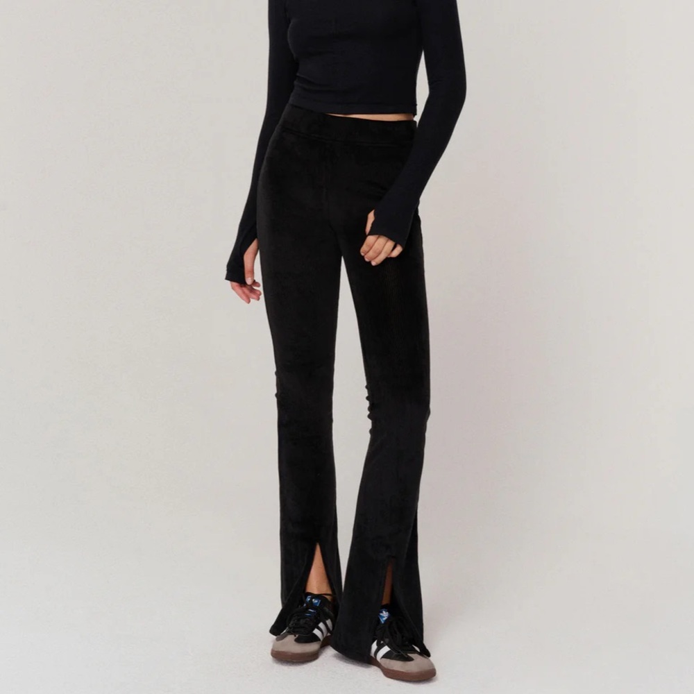 NYLORA Navy‎ Blue Velvet Ribbed Flared Pants with Slit